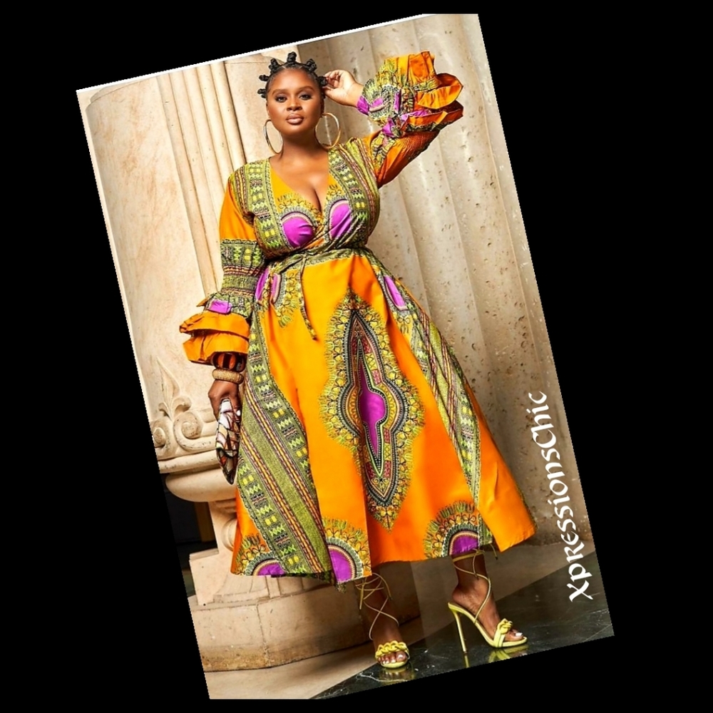 Ruffle African Print Sleeve Wrap Dress